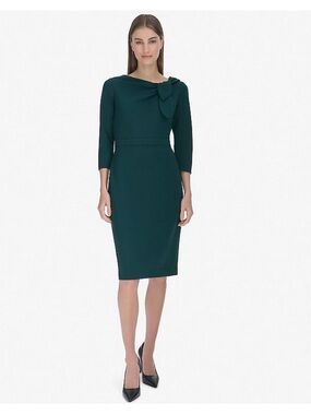 Andrew Marc Dark Green Bow-Detail 3/4 Sleeve Sheath Dress
